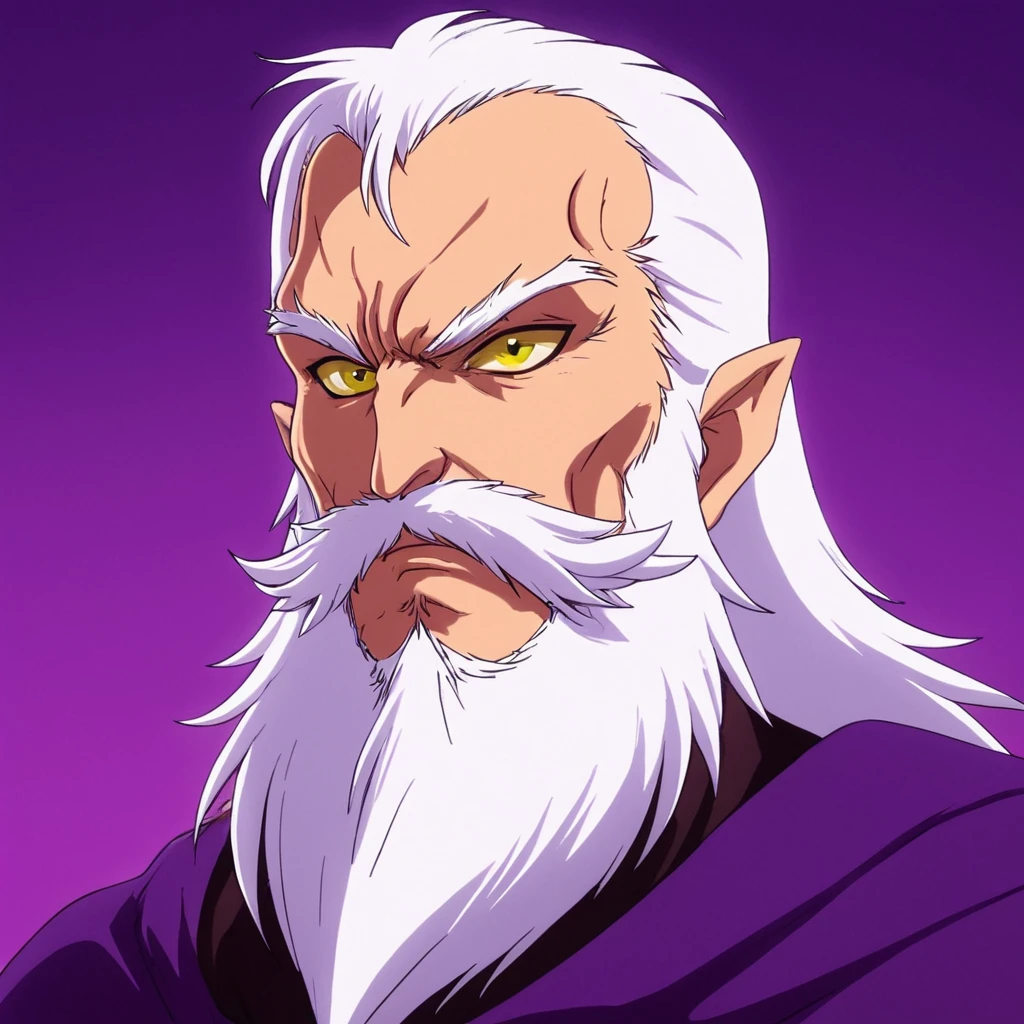 anime artwork of  <lora:Majinga style:0.1>
 <lora:Dr. Hell:0.9>
Dr. Hell antagonist a cartoon character with a long white beard and a purple cape, Great Marshall of Hell, animation style, cartoon, video animation, animated cartoon style, cinematic animation style, visual stunning, Majinga style, solo, long hair, looking at viewer, open mouth, 1boy, gloves, yellow eyes, white hair, male focus, pointy ears, artist name, signature, cape, dated, colored skin, facial hair, watermark, web address, beard, purple background, old, purple skin, old man
, anime style, key visual, vibrant, studio anime,  highly detailed