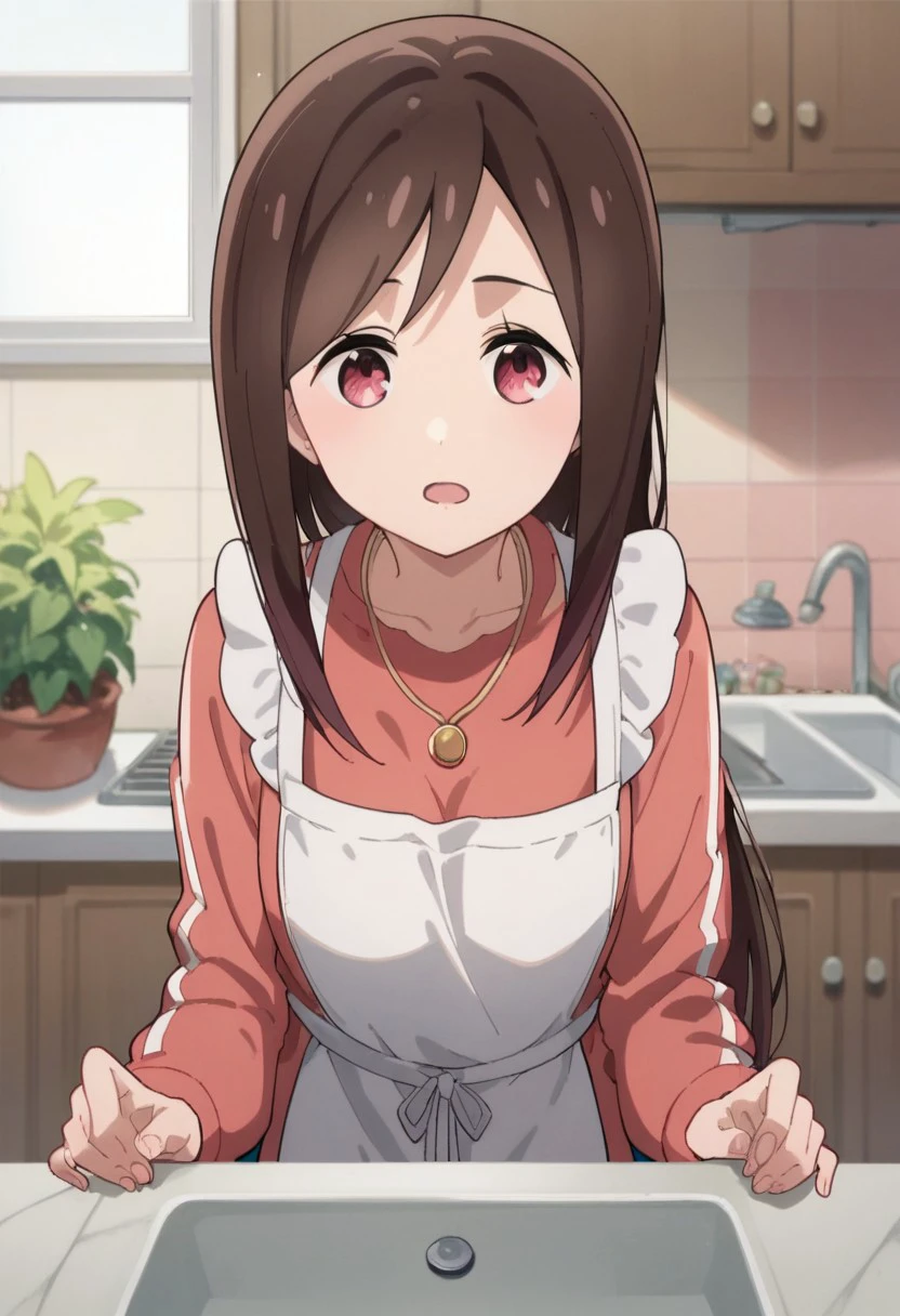 score_9, score_8_up, score_7_up, source_anime,hitori bocchi, brown hair, long hair, pink eyes, 1girl, solo, apron, kitchen, necklace, jewelry, open mouth, sink, indoors, looking at viewer, heart necklace