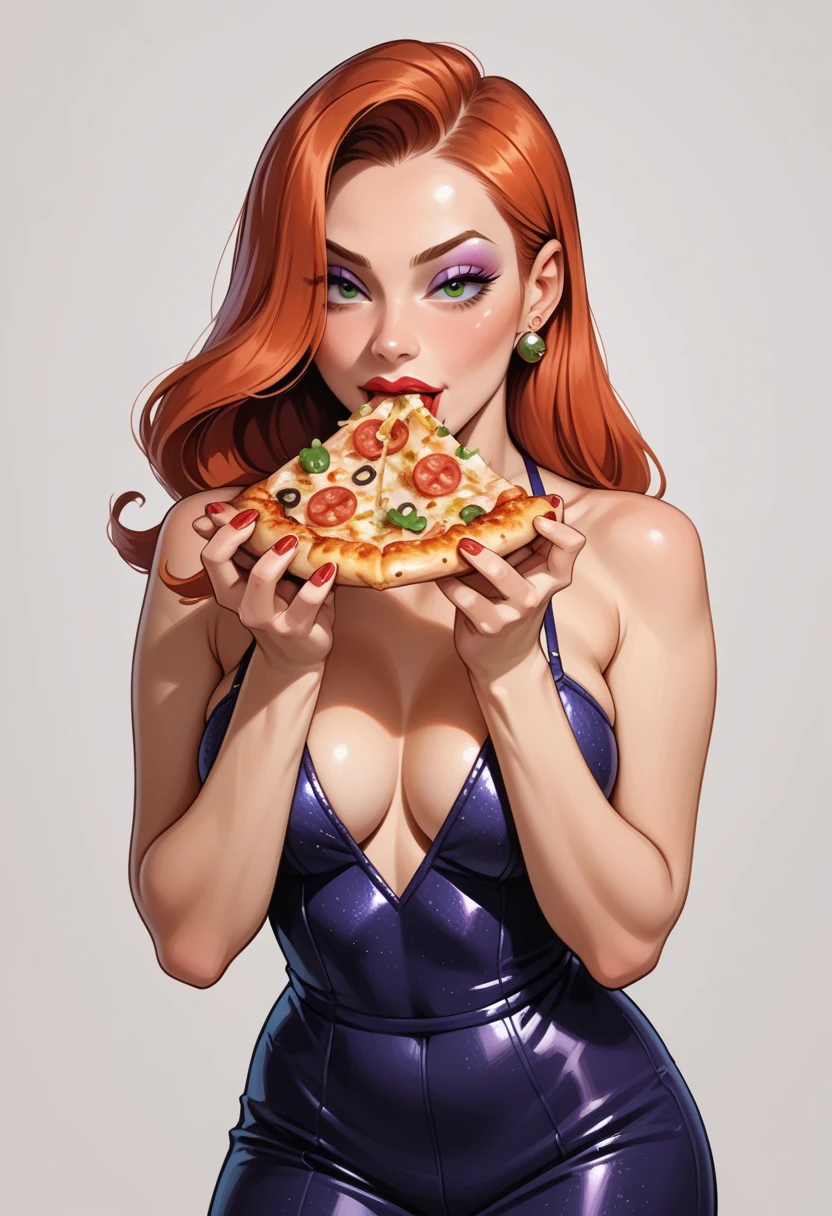 score_9, score_8_up, score_7_up, score_6_up, 1girl, Jessica Rabbit, hud_e4ting, holding pizza slice, holding food, eating, <lora:eating_slice_of_pizza:0.7>,