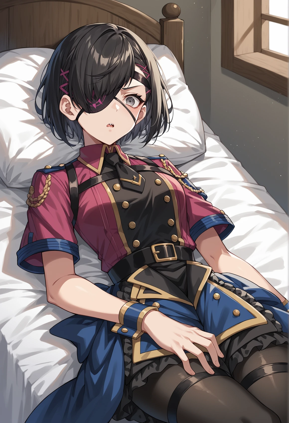 short hair, black hair, grey eyes, hair over one eye, eyepatch, military uniform, necktie, skirt, sharp teeth, wrist cuffs, pantyhose, confused, indoors, laying, on bed, on back, tilt head, chestnut mouth,  <lora:Ranmaru:1>, score_9, score_8_up, score_7_up, score_6_up, score_5_up, score_4_up, BREAK source_anime, masterpiece