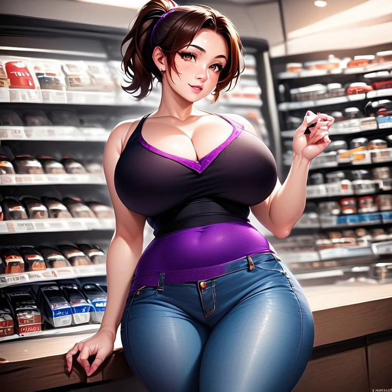 brunettemilf, voluptuous brunette woman with beautiful hazel eyes wearing casual purple dress, ponytail, (in clothing store)
(1woman and 1man)
young man who is wearing black tshirt and jeans, short hair