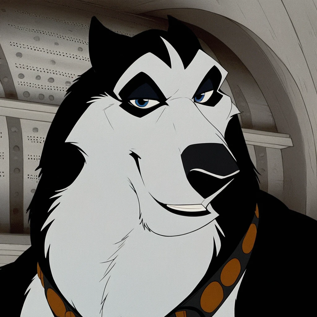 score_9, score_8_up, score_7_up, score_6_up, score_5_up, score_4_up, furry male, anthro husky, male husky, smiling expression, looking at viewer, big black lip, canine lip, head shot, black and white fur, white snout, white face, black shoulders, black back, white chest, big collar, thick collar, studded collar, brass buckle, headshot 1boi, solo, huge muscles, blue eyes, giant muscles