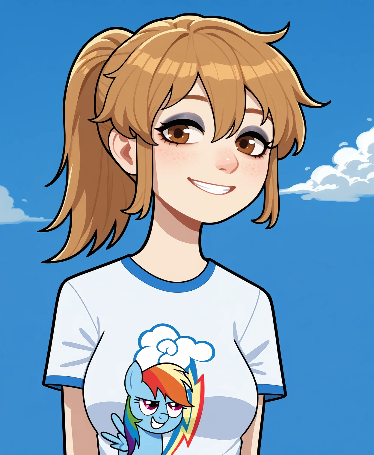 score_9, score_7_up, score_6_up, ashbie, 1girl, blue shirt, short sleeves, bike shorts, solo, short ponytail, brown eyes, smile, grin, upper body, print shirt, t-shirt, (eyeshadow, freckles:0.8) blue [background: sky cloud, hair between eyes:2]
 ADDROW  
drawing on shirt, (source_pony:1.1), feral, (rainbow dash:1.1),print shirt, pony on t-shirt, blue background, smile, happy, (purple eyes, breasts:0.8)
:0.75
<lora:ashbie-000013:0.85>