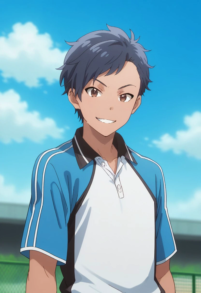 score_9, score_8_up, score_7_up, source_anime, highly detailed, 
tsubasa, 1boy, solo, male focus, upper body, shorts, sportswear, 
dark skin, blue hair, looking at viewer, standing, brown eyes, tennis uniform, raglan sleeves, blue shirt, white shirt, smile,
outdoor, sky, blue sky,