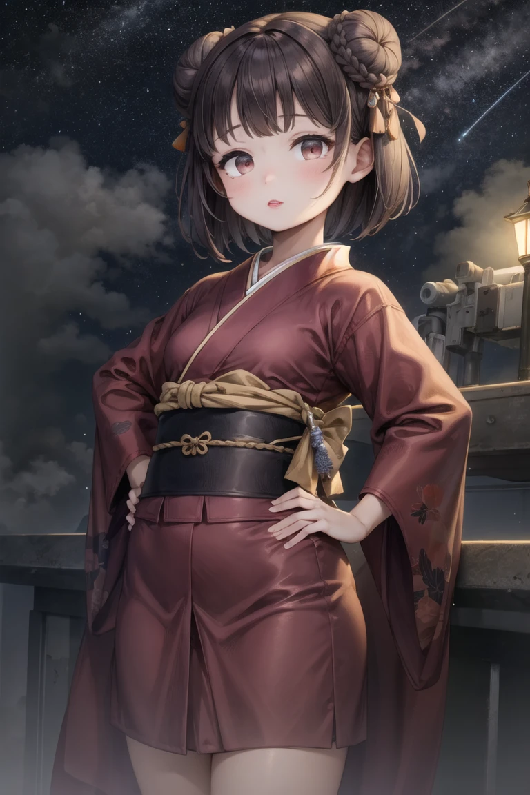 (masterpiece, best quality:1.2), 1girl, solo, cowboy shot,
on top of a building, at night, (heavy fog:1.3) and bright stars,
wearing a kimono,  hands on hips, 
lipstick, eyeshadow, (short hair:1.1), (double bun hair:1.1), (oily skin:1.1), 
<lora:sugiyuu-10:0.8:lbw=ALL>