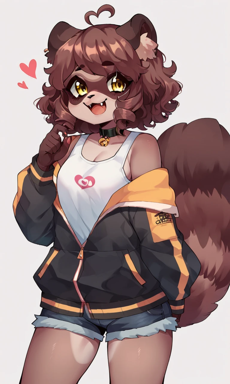 score_9, score_8_up, score_7_up, score_6_up, score_5_up, score_4_up, furry female, animal ears, furry, fangs, heart ahoge, tanuki, raccoon tail, raccoon ears, yellow eyes, (((Cerise))), Anthro, Tanuki girl, Yellow eyes, Curly Hair