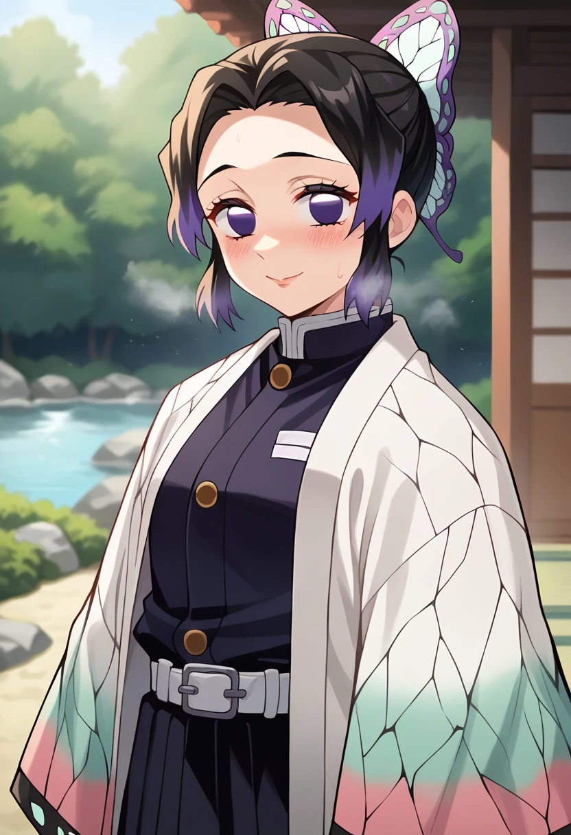 score_9, score_8_up, score_7_up, source_anime, masterpiece, 1girl, ct_sh1n0bu, blush, smell, shiny skin, sweat, haori, black uniform, black pants, white belt, wide sleeves, outdoors, japanese house, looking at viewer, blush, depth of field, portrait, smile, <lora:Shinobu_Kochou_p_ct_ver2:0.9>