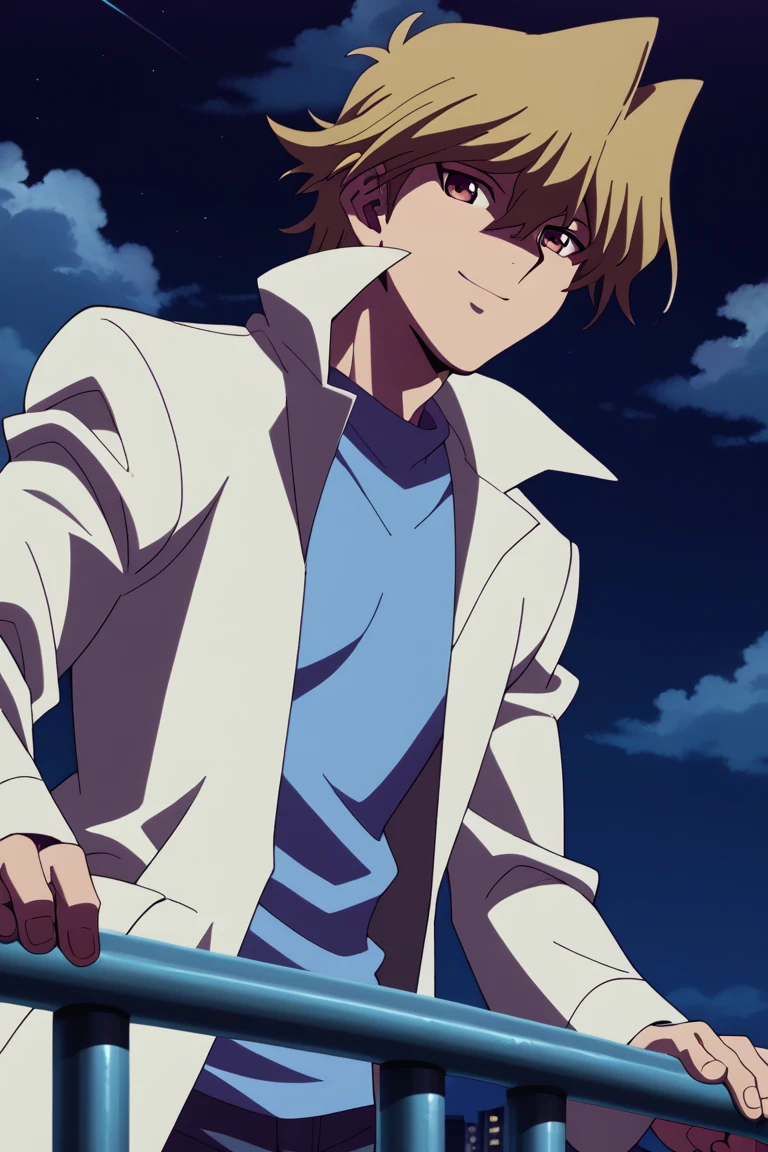 score_9, score_8_up, score_7_up, masterpiece, best quality, amazing quality, best aesthetic, ,absurdres,intricate details,male focus, solo
jounouchi katsuya, blonde hair, brown eyes, white jacket, blue shirt, official style, 1boy, solo, male focus, sky, night, cloud, coat, bangs, long sleeves, closed mouth, hair between eyes, smile, night sky, railing, open clothes, shirt, outdoors<lora:EMS-420423-EMS:1.000000>