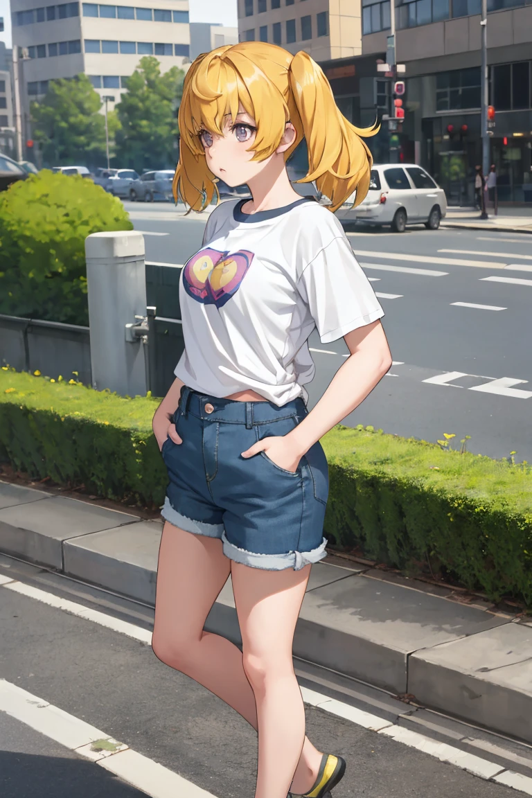 masterpiece, best quality, absurdres, 1girl, solo, MitsubaSanguu, short hair, twintails, t-shirt, denim shorts, standing, outdoors, city, hands in pockets, <lora:CHAR-MitsubaSanguu:1>