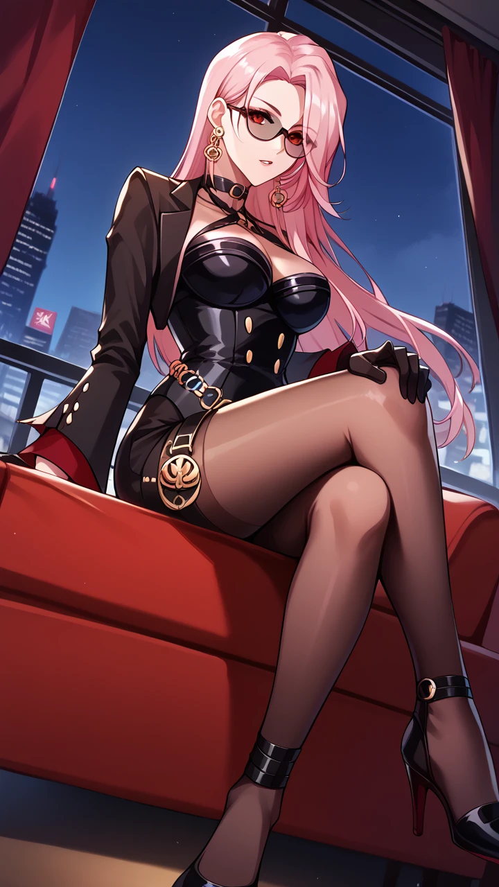 score_9, score_8_up, score_7_up, score_6_up, source_anime, BREAK masterpiece, <lora:SpectreDNF:1>, SpectreDNF, pink hair, large earrings, long hair, red eyes, corset, glasses, o-ring, choker, suit, bodysuit, pantyhose, shorts, see-through cleavage, gloves, large earrings, cityscape, night, red couch, sitting, heels, crossed legs, parted lips, hand on own knee, looking at viewer, large window, indoors, from below