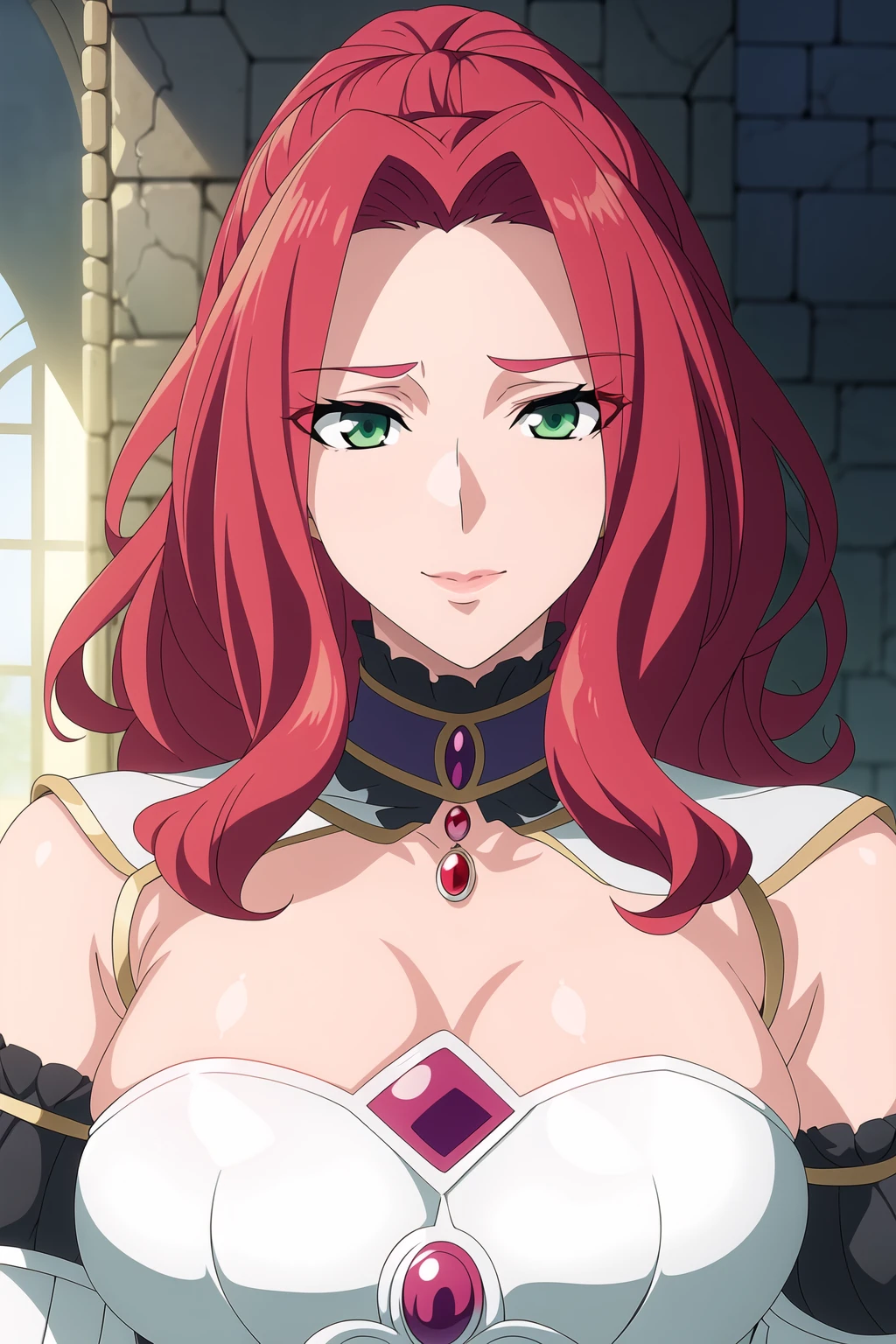 Simple Background,White Background,
dynamic pose,standing at attention,
detached sleeves, frills,armor, shoulder armor, armored dress, collarbone, cleavage, bare shoulders, 
<lora:MaltyS_Melromarc_risingshield-KK77-V1:0.8>,Choker, gem, jewelry, 
Green eyes, red hair,bangs,Long hair,hair ornament, 
<lora:more_details:0.1>,<lora:Oda_Non_Style-KK77-V2:0.2>,
1 girl, 20yo,Young female,Beautiful long legs,Beautiful body,
Beautiful Nose,Beautiful character design, perfect eyes, perfect face,expressive eyes,perfect balance,
looking at viewer,(Focus on her face),closed mouth, (innocent_big_eyes:1.0),(Light_Smile:0.3),
official art,extremely detailed CG unity 8k wallpaper, perfect lighting,Colorful, Bright_Front_face_Lighting,White skin,
(masterpiece:1.0),(best_quality:1.0), ultra high res,4K,ultra-detailed,
photography, 8K, HDR, highres, absurdres:1.2, Kodak portra 400, film grain, blurry background, bokeh:1.2, lens flare, (vibrant_color:1.2),professional photograph,
(Beautiful,large_Breasts:1.4), (beautiful_face:1.5),(narrow_waist),