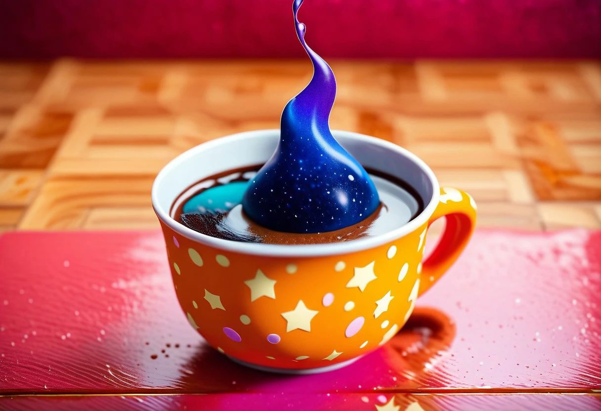 score_9, score_8_up, score_7_up, enchanting 3d scene, a steaming cup of coffee, the liquid within the cup forms a swirling cosmic galaxy, The coffee surface is a mesmerizing mix of deep purples and blues and pinks dotted with stars and nebulae, fit the vastness of space inside the cup, The cup rests on a saucer that reflects the celestial patterns, surrounded by tiny star-shaped cookies and cosmic-themed decorations, The atmosphere is magical and dreamy