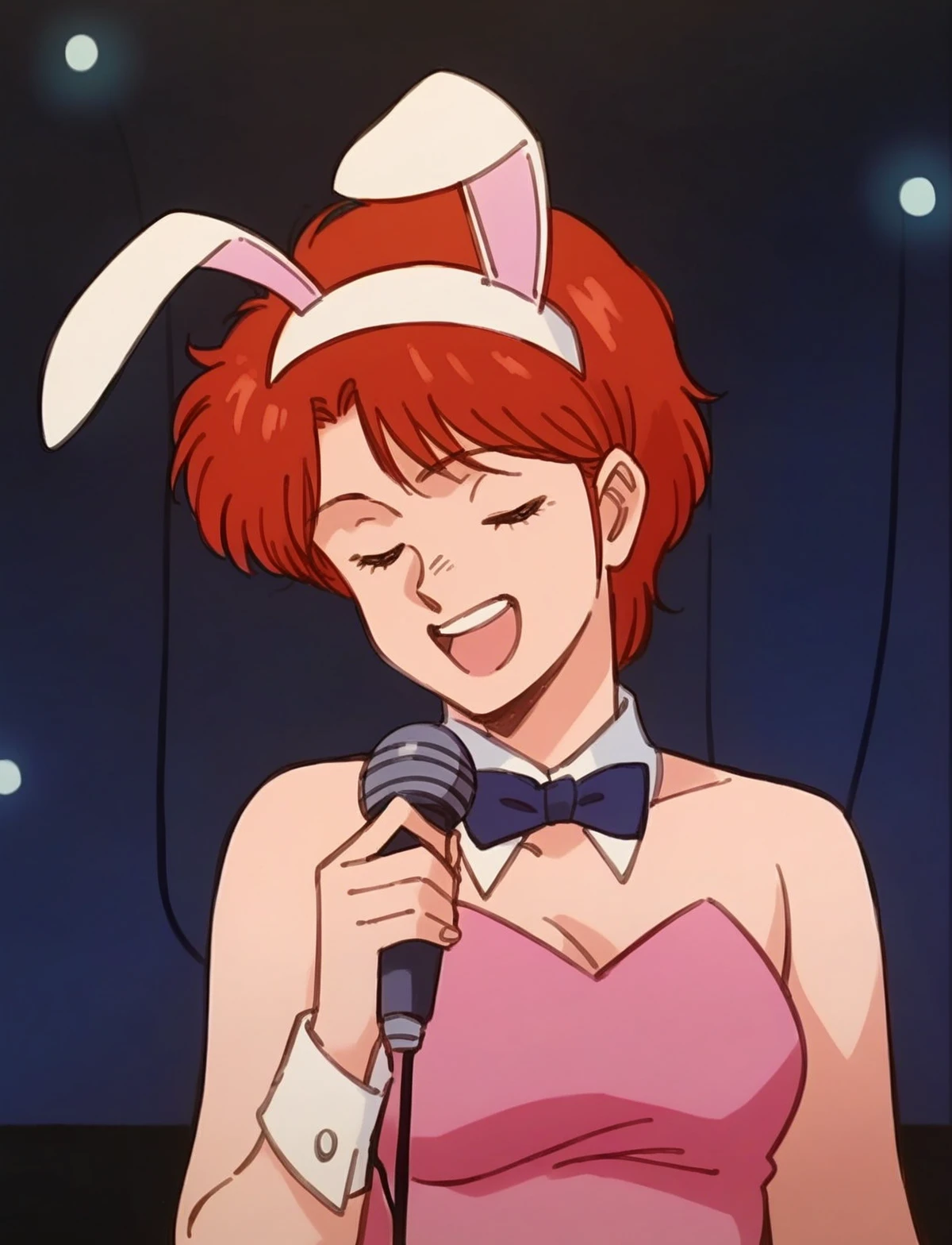 leonaozaki, source_manga, rating_safe,  score_8_up, score_7_up, 1girl,  short red hair, bunny outfit, closed eyes, <lora:Leona_Ozaki_Dominion_Tank_Police:0.8>, upper body, holding microphone, singing, on stage, spotlights