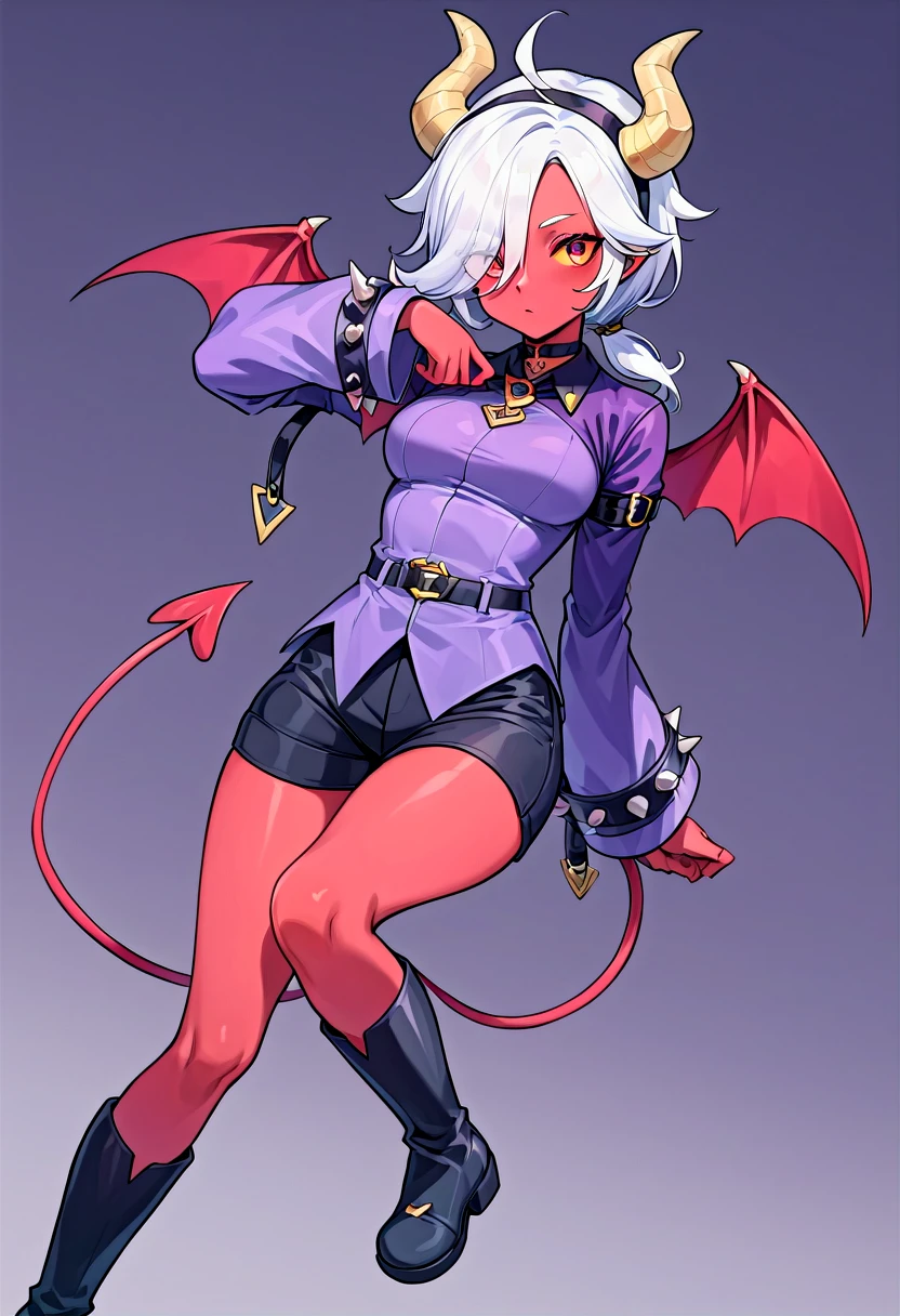 score_9, score_8_up, score_7_up, source_anime,
trixie colette, 1girl, solo, demon girl, colored skin, red skin, red eyes, colored sclera, yellow sclera, ponytail, short hair, white hair, hair over one eye, demon tail, demon horns, demon wings, hairband, choker, shirt, spikes, arm belt, spiked bracelet, long sleeves, sleeves past fingers, sleeves past wrists, shorts, boots, knee boots,
best_quality, masterpiece, anime style
