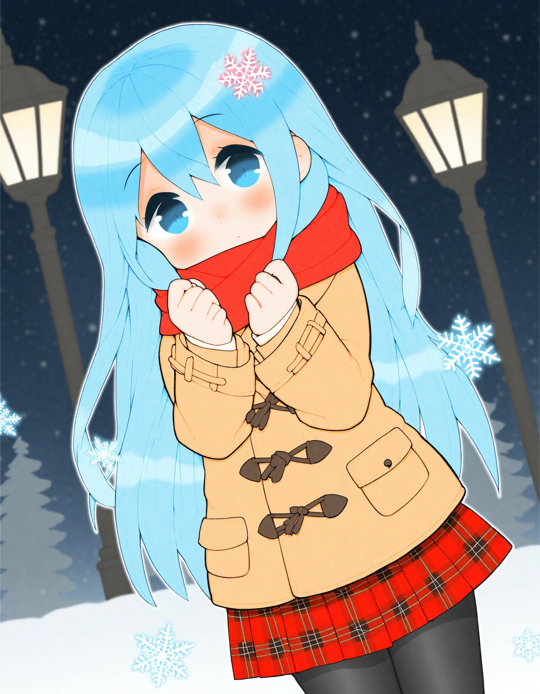 abaji, 1girl, solo, depth of field, long hair, hair between eyes, blue hair, blue eyes, looking at viewer, blush, closed mouth, head tilt, hands up, red skirt, pleated skirt, black pantyhose, hair ornament, scarf, red scarf, long sleeves, brown jacket, brown coat, duffel coat, fringe trim, plaid, outdoors, night sky, night, snowflakes, lamppost