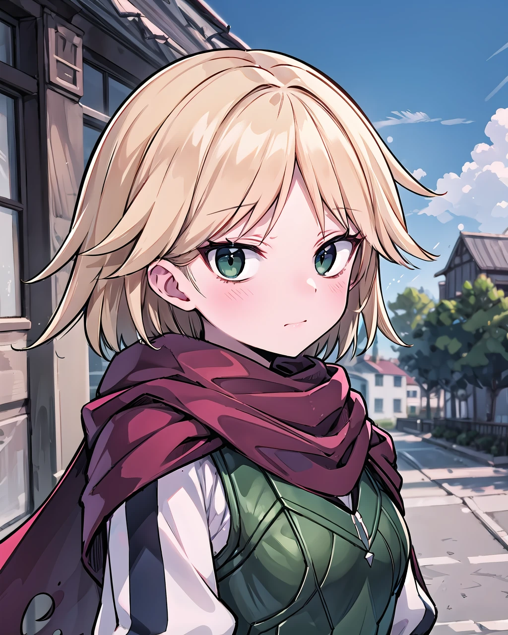 (masterpiece), best quality, high resolution, extremely detailed, detailed background, neia_White_dress_Green_armor, neiabaraja, looking at viewer, small_breasts, parted bangs, blonde hair, black eyes, solo, wide-eyed, closed mouth, upper_teeth_only, blush, armor, long_sleeves, red_cape, red_scarf, torn_cape, upper body, outdoors, nature, sky, day, blurry_background, <lora:Neia_V1:0.8>