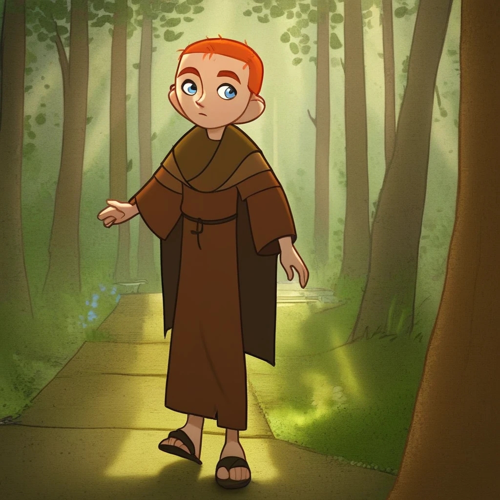 score_9, solo, brendan, orange hair, blue eyes, robe, sandals, outdoors, natural lighting