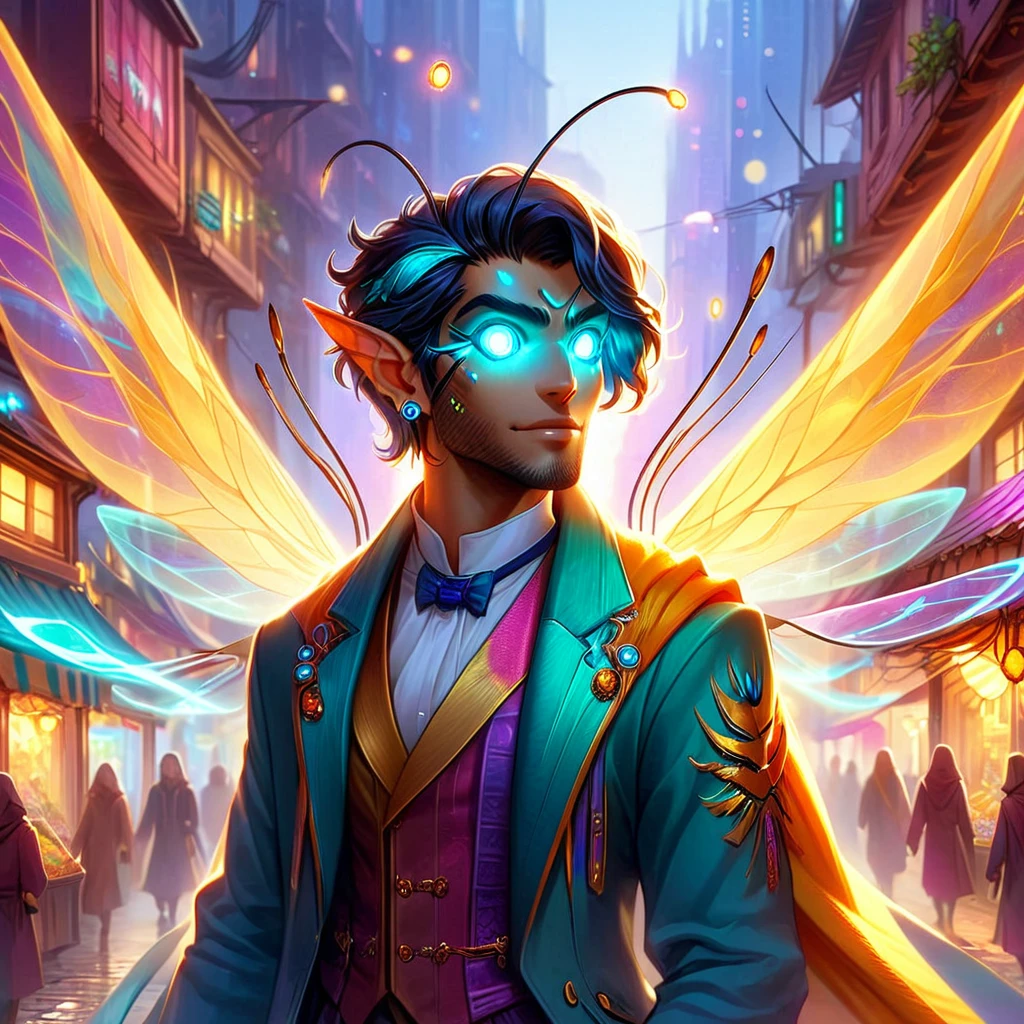 glimmerborn, 1man, colorful outfit, shopping in a market at dusk, sci fi city, glowing effects