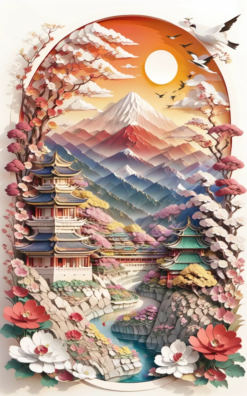 jzys, mountain, bird, flower, no humans, mount fuji, east asian architecture, architecture, sun, scenery, tree, water, cloud, camellia, pagoda
masterpiece, yellow flower, statue, tower, bell tower, pagoda, rainbow, fence, fantasy, sky, day, bush, pine tree, nature, landscape, outdoors, mountainous horizon, building, 
newest, absurdres, safe
 <lora:jzys:1>