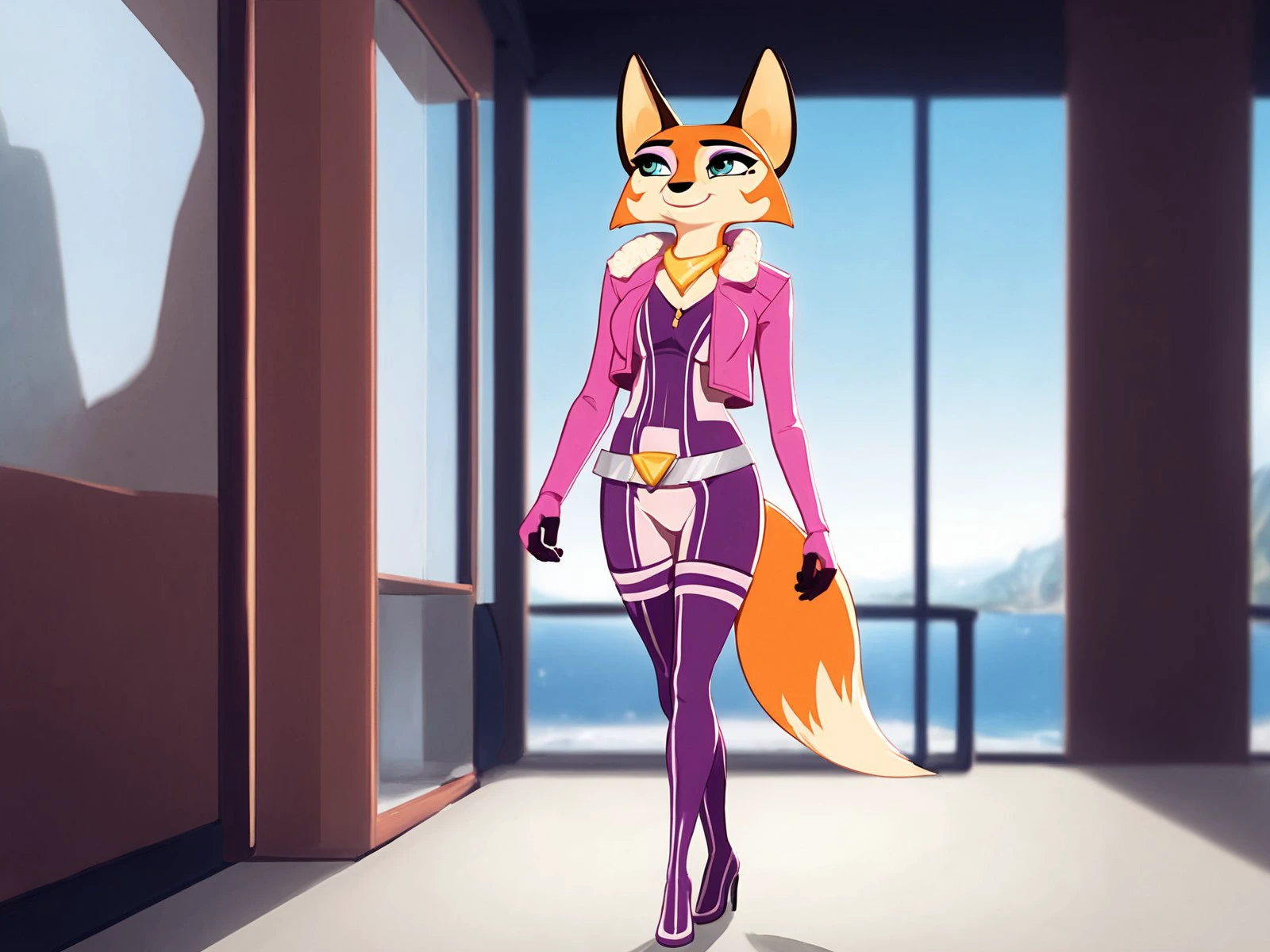 score_9,score_8,source_furry,
<1girl:1.5>,
<solo:1.5>,
fox girl, meika_rracer, meika_fox, 1girl, solo, cropped jacket, tail, animal ears, furry female, furry, high heels, fox ears, smile, fox tail, body fur, boots, fur collar, full body, pink jacket, standing, thighhighs, bodysuit, happy, breasts, jacket, animal nose, belt, white fur, closed mouth, short hair, indoors, long sleeves, half-closed eyes, small breasts, snout, makeup, artist name, open clothes, skin tight, safe, racing outfit,
 <lora:Meika_Rimba_Racer_Pony_SDXL:1> meika_rracer