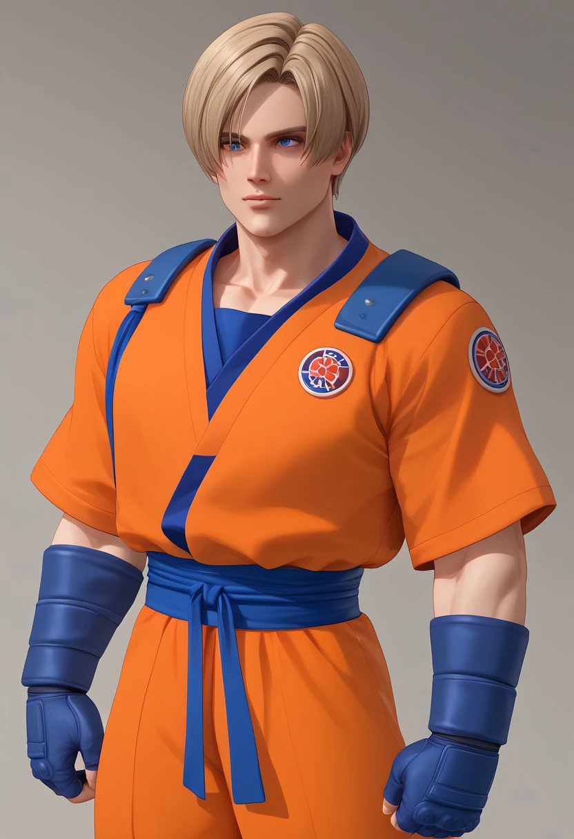 Masterpiece, best quality, high quality, highres, 4k, detailed face, bmbplora, Expressiveh, 1boy, leonkennedy, light brown hair, short hair, Turtle School Gi, Martial Arts Uniform, Orange Outfit, blue undershirt, mma gloves, solo,