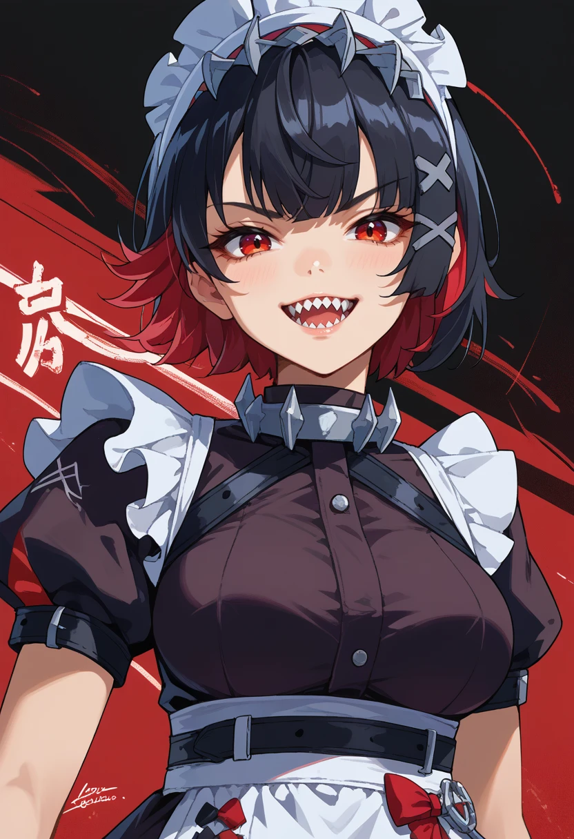 score_9, score_8_up, score_7_up, source_anime BREAK 1girl, solo, portrait, sharp teeth, close-up, open mouth, evil grin, 
<lora:wrenchzzzellenjoe:1>, ellenjoe, red eyes, black hair, red hair, multicolored hair, short hair, bangs, x hair ornament, large breasts, 
maid headdress, maid, 
looking at viewer,