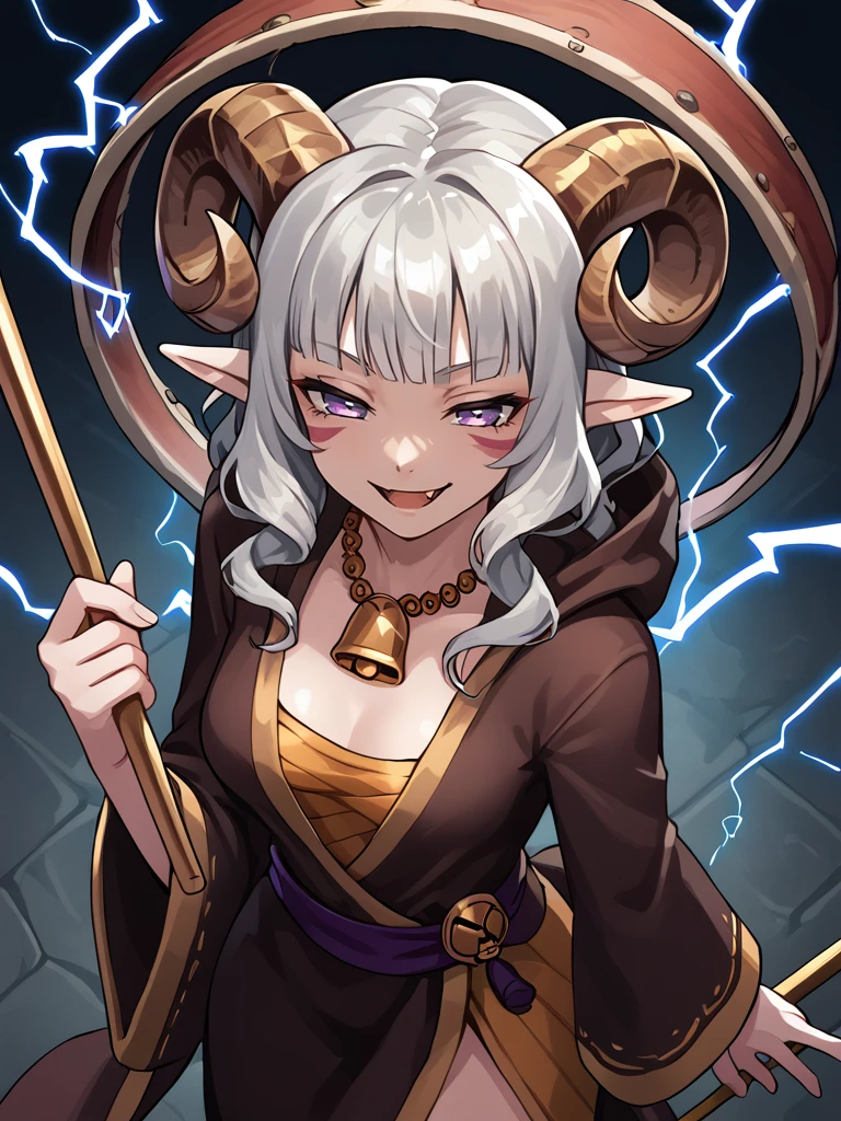 <lora:whisker_markings:0.8>red whisker_markings,
source_furry, score_7_up, rating_safe, cowboy shot, gold necklace, tiefing, short pointed ears, brown horns, (a pair of brown sheep Horns that begin at her temples and curve back: 1.5), bangs, long silver hair long wavy hair, pale skin ,short pointy ears, purple eyes, <lora:age_slider_v4:0.6>   medium breasts, skinny female, close up, silver hair, <lora:Tieflingnew weird fantasyDND:0.3> Tiefling, pointed ears, horns, half-closed eyes<lora:Smooth Style 2 SDXL_LoRA_Pony Diffusion V6 XL:0.5> bell, robe, hood off, 
<lora:tako_drum:1> Raijin taiko drums:1.5,drum, electricity, electrokinesis, from above  , fang, holding long stick,