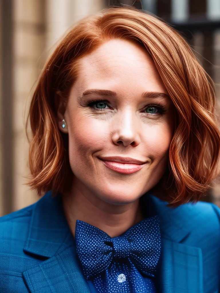 jkw, professional portrait of 1girl, short hair, shiny hair, smile, pretty face, eye focus, green eyes, lip gloss, polka dot jacket, bow tie, Big Ben, London, depth of field, lips