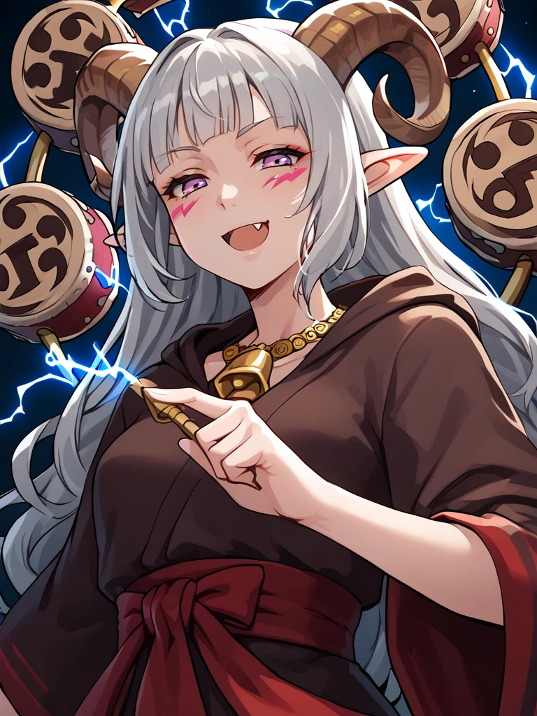 source_furry, score_7_up, rating_safe, cowboy shot, gold necklace, tiefing, short pointed ears, brown horns, (a pair of brown sheep Horns that begin at her temples and curve back: 1.5), bangs, long silver hair long wavy hair, pale skin, <lora:whisker_markings:0.8>red whisker_markings ,short pointy ears, purple eyes, <lora:age_slider_v4:0.6>   medium breasts, skinny female, close up, silver hair, <lora:Tieflingnew weird fantasyDND:0.3> Tiefling, pointed ears, horns, half-closed eyes<lora:Smooth Style 2 SDXL_LoRA_Pony Diffusion V6 XL:0.5> bell, robe, hood off, 
<lora:tako_drum:1> Raijin taiko drums:1.5,drum, electricity, electrokinesis, from below, fang,