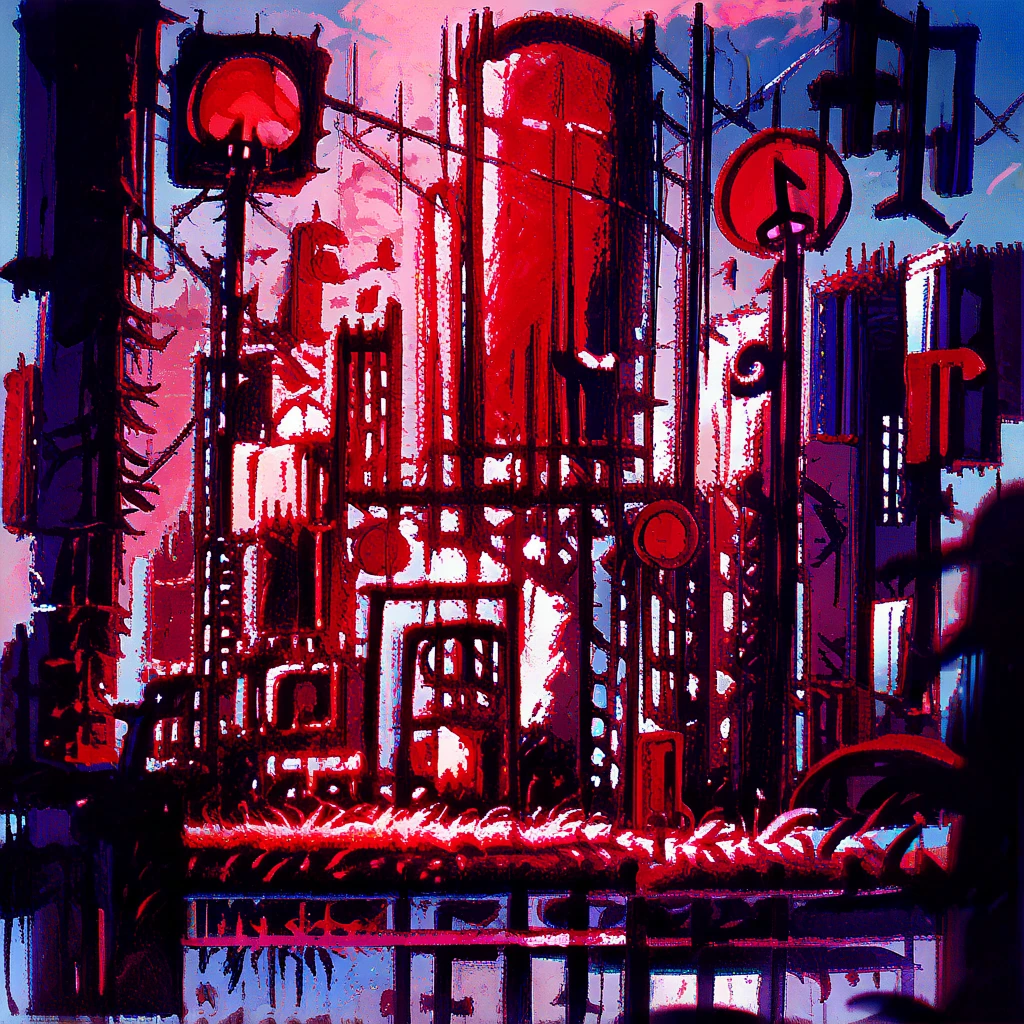 score_9, score_8_up, score_7_up, score_6_up, symbols, pipes, vines, flora, black background, depth of field, lantern, power lines, scenery, sky, building, reflection, road sign, telephone pole, pipes, grass, red theme <lora:Rainworld_paintings_artstyle_sdxl:1>