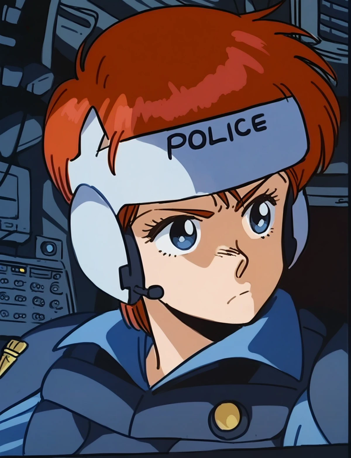 leonaozaki, source_manga, rating_safe,  score_8_up, score_7_up, 1girl,  short red hair, pouting, police headset with the words POLICE, police armour, <lora:Leona_Ozaki_Dominion_Tank_Police:0.8>, upper body, inside a tank, computers, joysticks