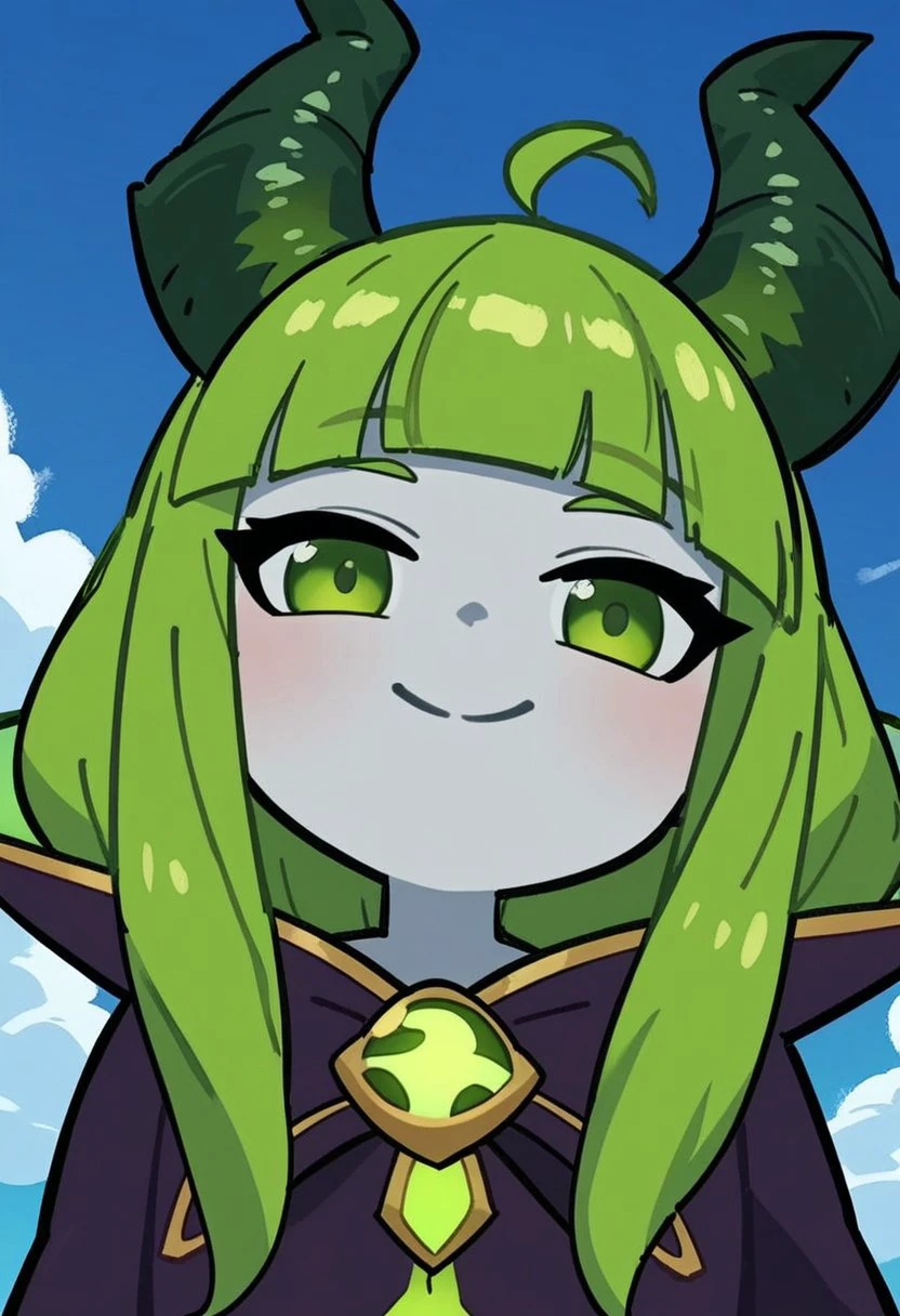 score_9, score_8_up, score_7_up, score_6_up, derpibooru_p_95, 
source_anime, very aesthetic, anime screencap, anime coloring, 
pugna, pugna \(dota 2\), 1girl, solo, looking at viewer, smile, bangs, closed mouth, green eyes, ahoge, green hair, horns, sky, virtual youtuber, blunt bangs, chibi, blue sky, :3, blue background, portrait