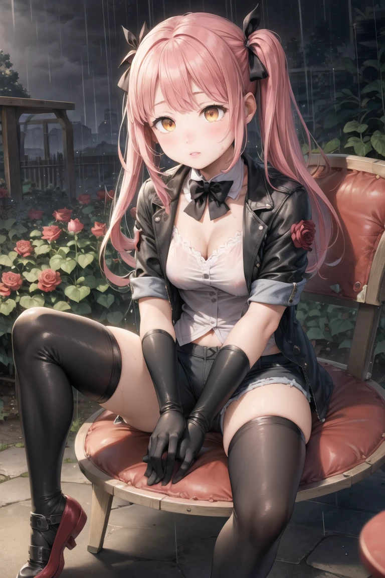 (masterpiece, top quality, best quality:1.3), (photorealistic:1.2),
1girl, solo, blush, skirt, thighhighs, gloves, bow, closed mouth, jacket, yellow eyes, medium breasts, pink hair, hair bow, red hair, multicolored hair, (night rose garden, rain, sitting on round chair:1.3), parted lips, black gloves, black thighhighs, (spread legs:1.05), side ponytail, open jacket, orange eyes, black bow, gradient hair, one side up, jitome, grey jacket, puffy black shorts,
<lora:sugiyuu-10:0.8:lbw=ALL>