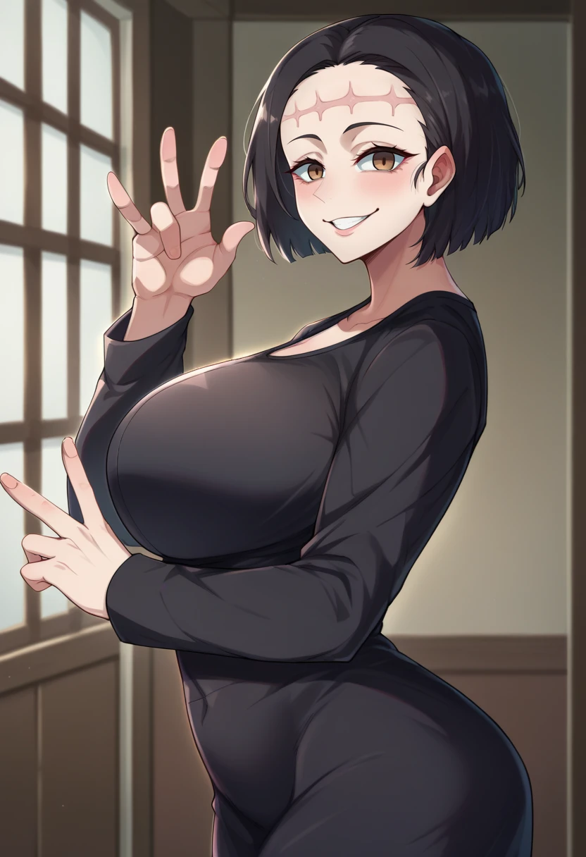 score_9,score_8_up,score_7_up BREAK <lora:kaori:0.9>,KaoriItadoriSDXL,1girl,short hair,brown eyes,black hair,large breasts,long sleeves,black dress,scar on face,cowboy shot,room,room background,from side,smile,v,looking at viewer,