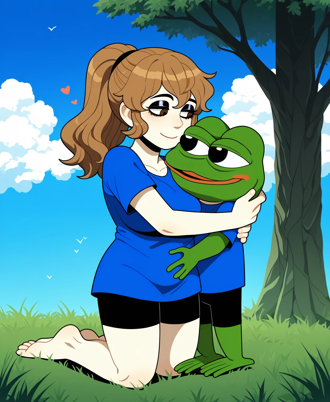 score_9, score_7_up, score_6_up, ashbie, 1girl, blue shirt, short sleeves, bike shorts, breasts, full body, grass, blue sky, short ponytail, brown eyes, smile, [wavy hair, eyeshadow, empty eyes] , 1boy, apu apustaja, frog, smaller male, size difference, couple, duo, barefoot, green body, larger female, heart, rating_safe, cloud, tree, standing,  black eyes, looking at each other, hug, kneeling, short hair
<lora:ashbie-000013:0.9>