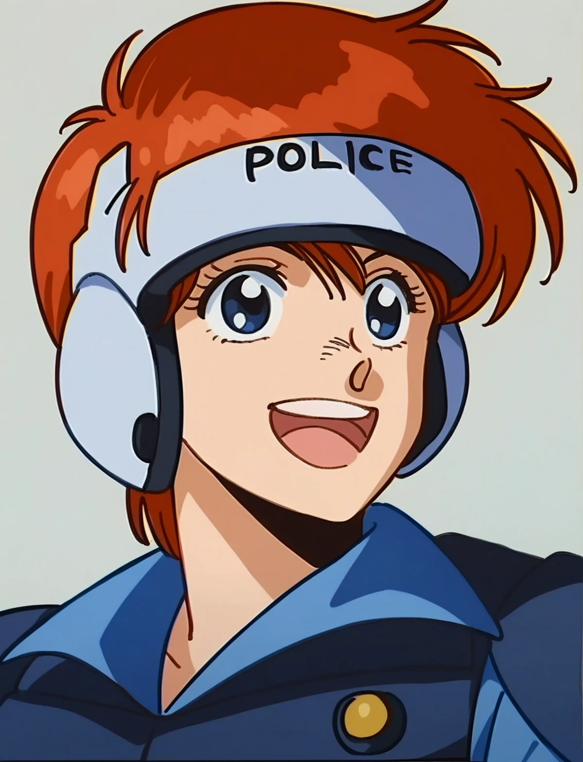 leonaozaki, source_manga, rating_safe,  score_8_up, score_7_up, 1girl,  short red hair, grinning, happy, police headset with the words POLICE, police armour, <lora:Leona_Ozaki_Dominion_Tank_Police:0.8>, upper body