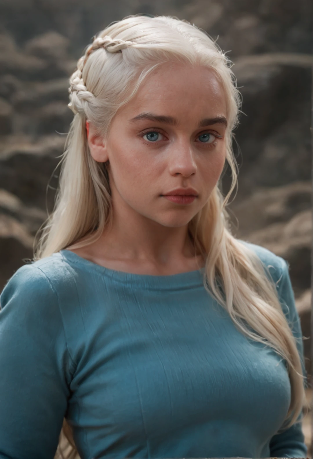 score_9, score_8_up, score_7_up, daenerys, 1girl, solo, blue eyes, red hair, breast, blue sweater, closed mouth, upper body, long hair, lips, realistic, looking at viewer, portrait, 