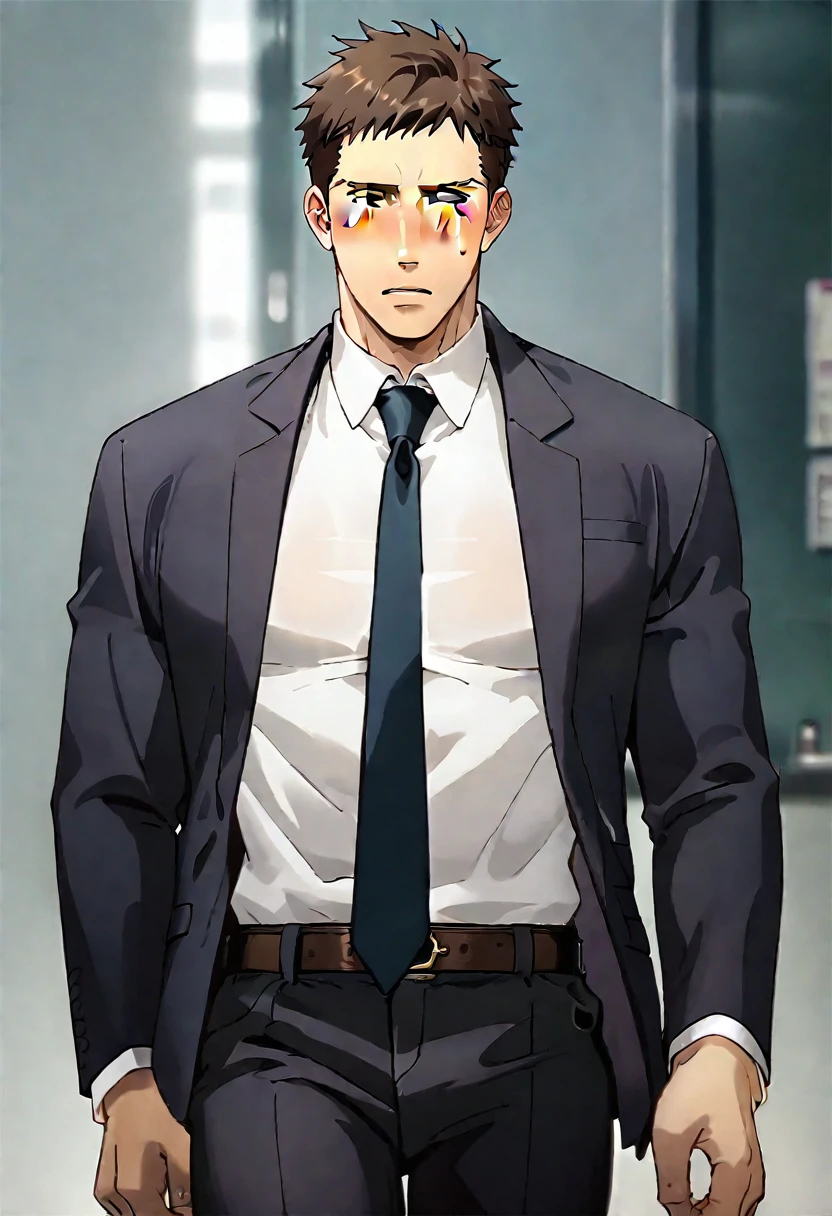 (score_9, score_8_up, score_7_up), ((source anime, best quality, best aesthetic, perfect anatomy, Gold Ratio, Art Composition, zPDXLxxx)), 1boy, doumeki, male_focus, handsome detailed face, black eyes, collared shirt, blazer, necktie, solo, modern office, portrait, (((Flustered, Soft illuminaotion, wide shot, Walking, tossing, gill support))), <lora:aesthetic_anime_v1s:1>, <lora:Smooth Anime 2 Style SDXL_LoRA_Pony Diffusion V6 XL:1>, <lora:Doumeki:0.8>