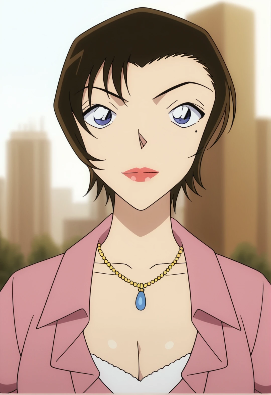 score_6_up, 
((1girl,solo,Portrait,front view,milf,looking down,)),
Suzuki Tomoko, jewelry, mole, lipstick, short hair, cleavage, necklace, makeup, mole under eye, brown hair,blue eyes, pink jacket,white shirt, 
(outdoors,cityscape,blurry background, ),
<lora:PONY_Suzuki_Tomoko_Anime_Detective_Conan:0.8>