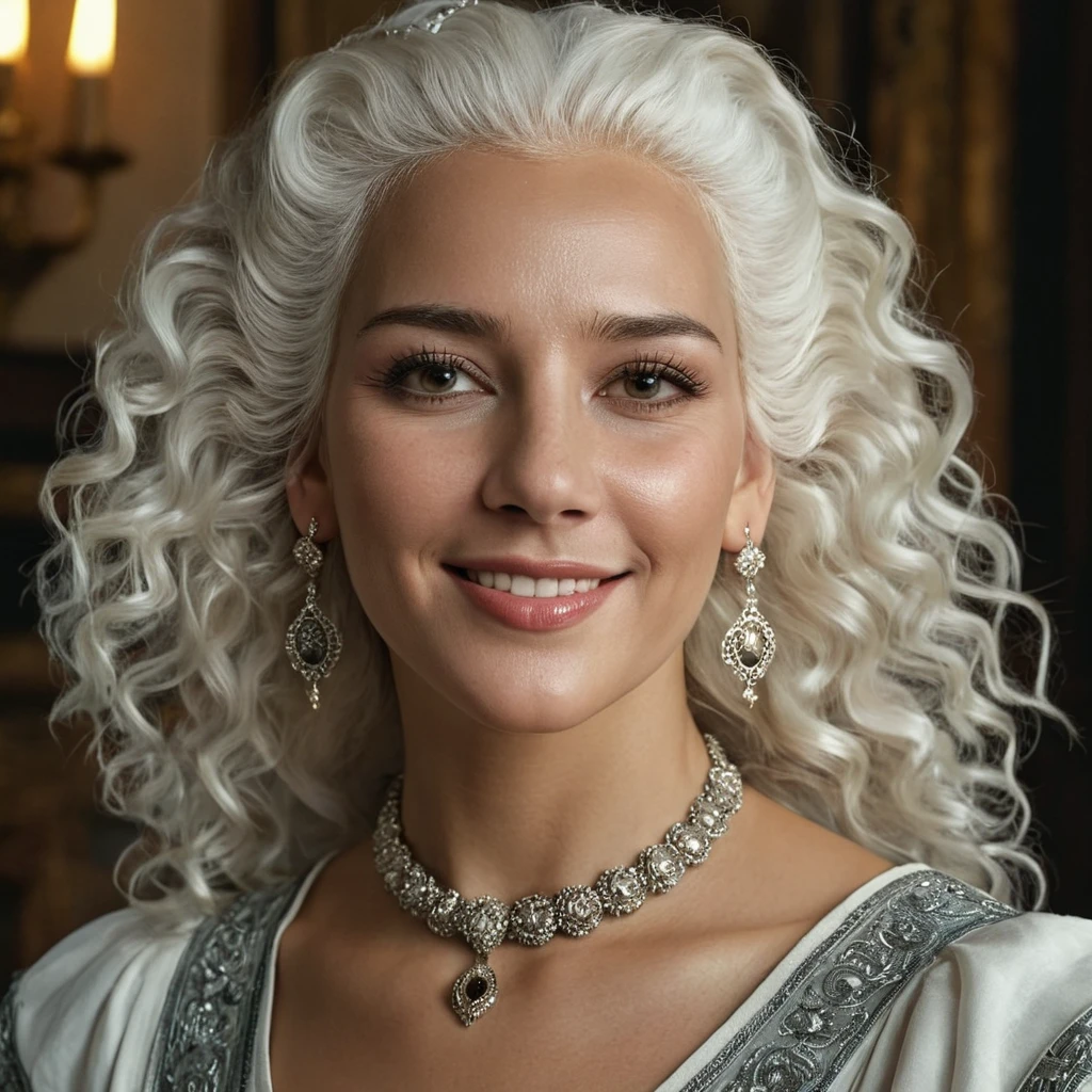 Hyperrealistic art of  <lora:detailed_notrigger:0.3>
 <lora:facial expression style v2:0.1>
 <lora:Rosa Caracciolo (Rozsa Tassi):1>
Rosa Caracciolo (Rozsa Tassi) a ancient stylewoman with a white wig and a necklace, sharp, detailed, cinematic film style, Rosa Caracciolo style, Rozsa Tassi style, 1girl, solo, long hair, jewelry, white hair, earrings, teeth, necklace, lips, fangs, looking away, portrait, curly hair, realistic, smile, Marques de France
, Extremely high-resolution details, photographic, realism pushed to extreme, fine texture, incredibly lifelike