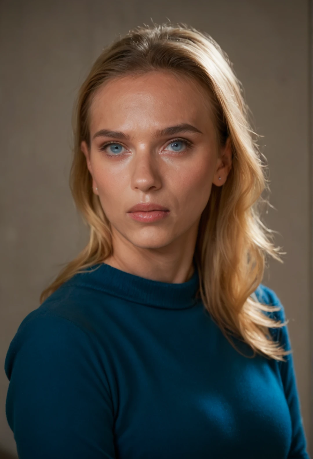 score_9, score_8_up, score_7_up, ScarlettJ, 1girl, solo, blue eyes, blonde hair, jewelry, upper body, lips, looking at the viewer, realistic, nose, blue sweater
