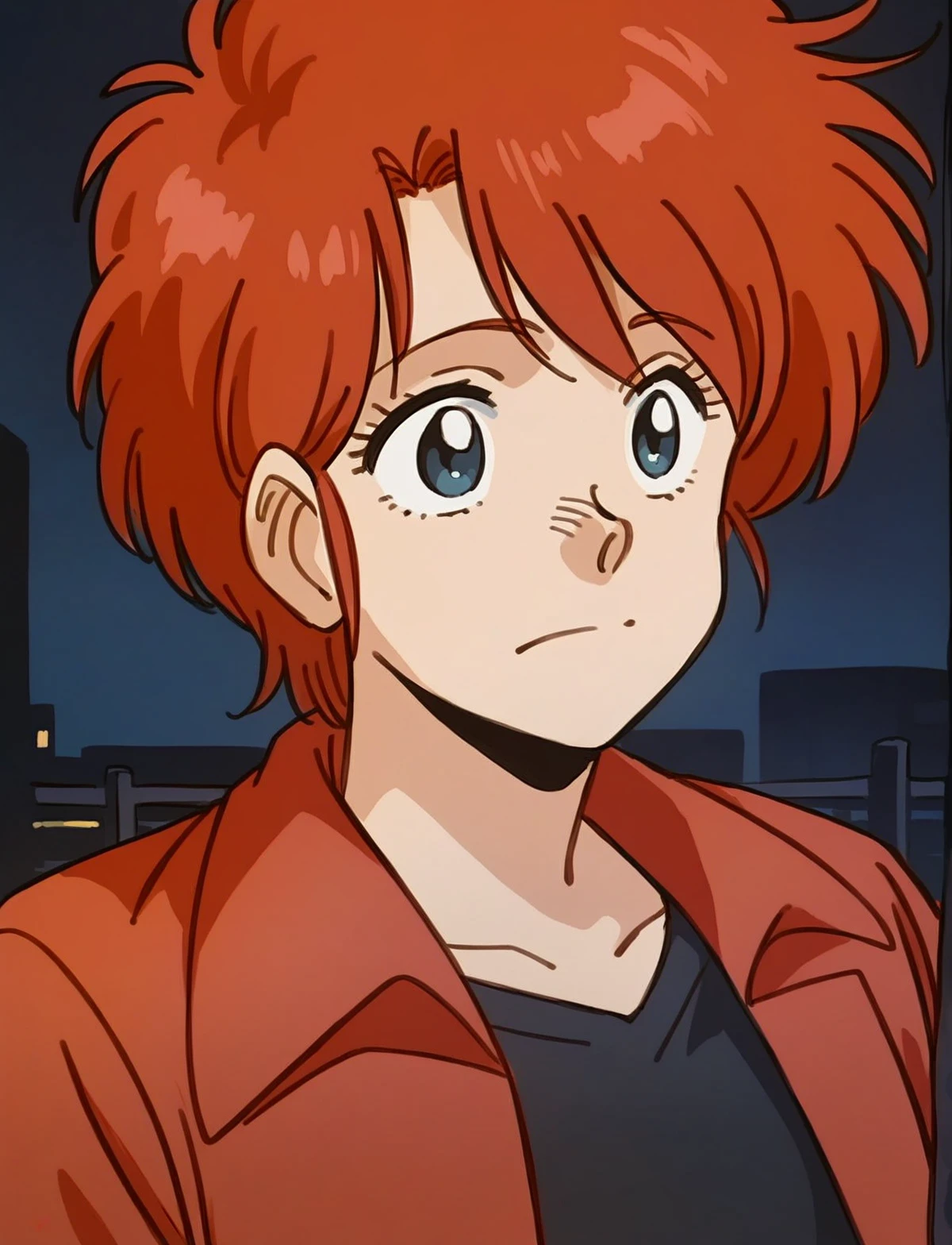 leonaozaki, source_manga, rating_safe,  score_8_up, score_7_up, couple, 1girl, short red hair, messy hair, red jacket, black t-shirt,  worried look, cute face, <lora:Leona_Ozaki_Dominion_Tank_Police:0.8>, upper body, in the city at night