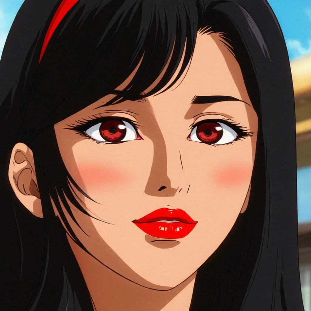 anime artwork of  <lora:Majinga style:1>
In anime manga universe, Jun Hono a woman with long black hair and a red lipstick, animation style, cartoon, video animation, animated cartoon style, cinematic animation style, visual stunning, Majinga style, sensitive, 1girl, solo, long hair, looking at viewer, smile, black hair, brown eyes, lips, makeup, sunlight, lipstick, portrait, red lips, retro artstyle, 1980s (style), anime coloring, general, closed mouth, close-up
, anime style, key visual, vibrant, studio anime,  highly detailed