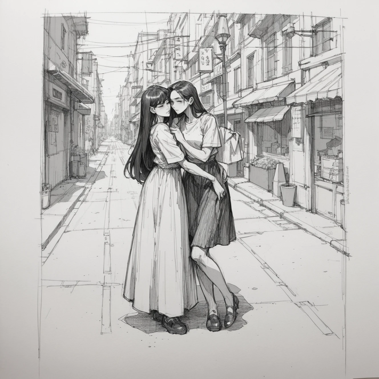 score_9, score_8_up, score_7_up, score_6_up, source_anime, duo, two girls, hugging,, long hair, dress, skirt, shirt, street, outdoors,  pencil sketch in chrc_style, drawing, texture, thick lines, white paper,<lora:Pencil_charcoal_Pony-10:1>