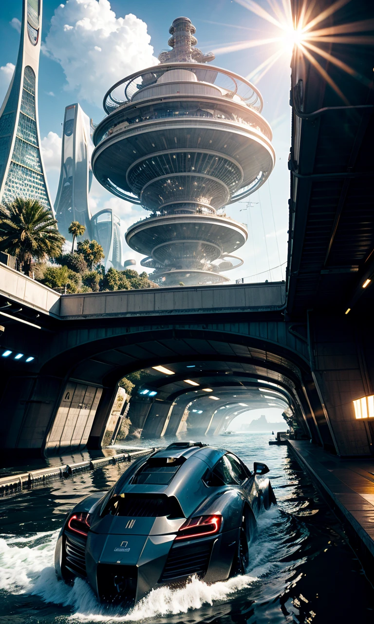 The future water world, sci-fi power cars are speeding, gorgeous scenes,