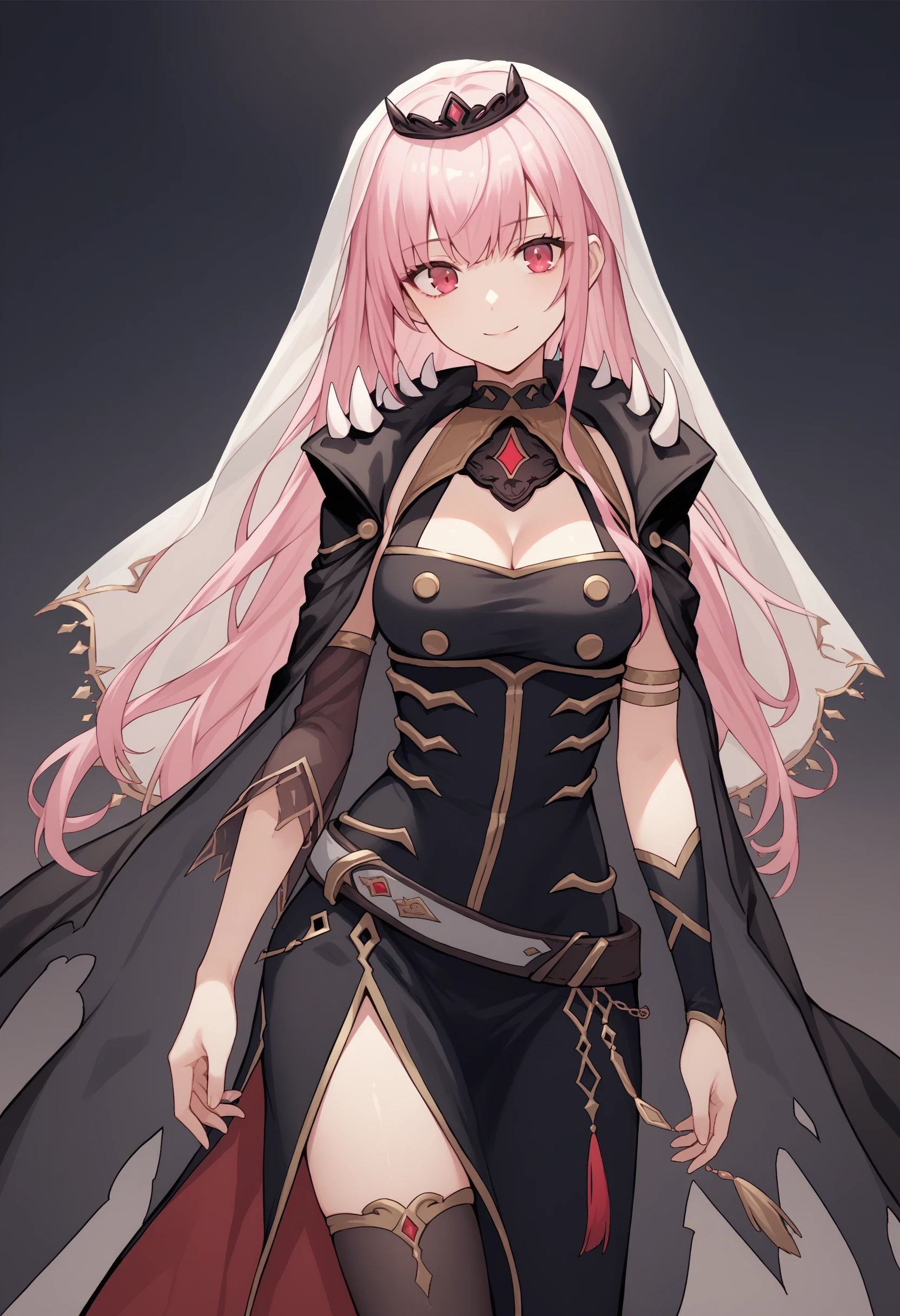 score_9, score_8_up, score_7_up, source_anime, moreaper, pink eyes, red eyes, bangs, pink hair, long hair, tiara, veil, cleavage, spikes, dress, black dress, cape, black cape, detached sleeves, see-through sleeves, belt, thighhighs, black thighhighs, single thighhigh, smile, closed mouth, looking at viewer, cowboy shot<lora:MoriCalliopePonyXLv6:1>