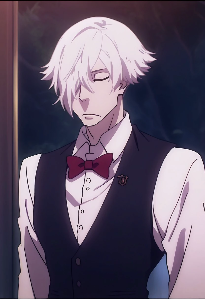 score_9, score_8_up, score_7_up, source_anime, rating_safe, Deceath, 1boy, male focus, anime screencap, closed eyes, white long-sleeved collared button shirt, black vest, red bow tie,