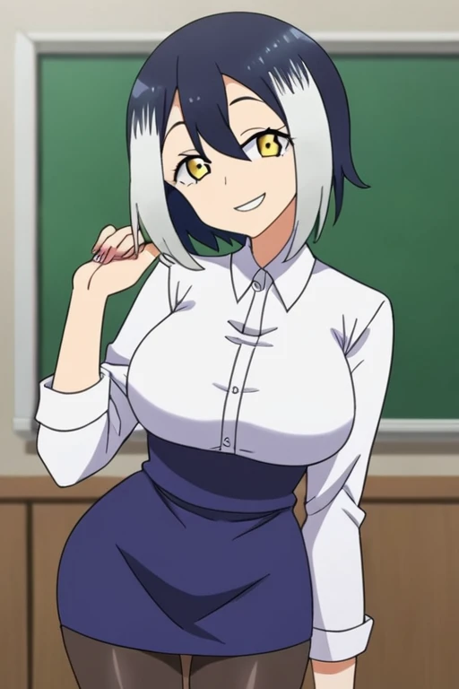 <lora:konohasensei:0.7> konohasensei, 1girl, yellow eyes, looking at viewer, smile, pantyhose, pencil skirt, white collared shirt, two-tone hair,