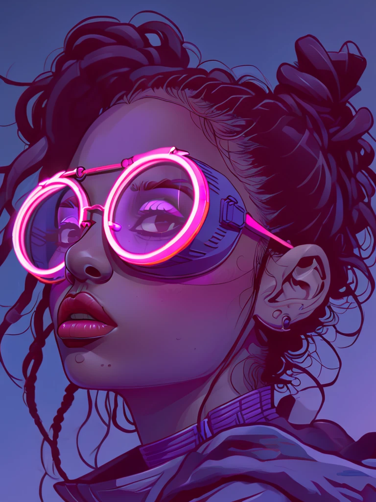 masterpiece,high resolution,<lora:retro-neon-xl-style:1>,
retro_neon, solo, 1girl, goggles, portrait, tinted eyewear, parted lips, dark skin, dreadlocks