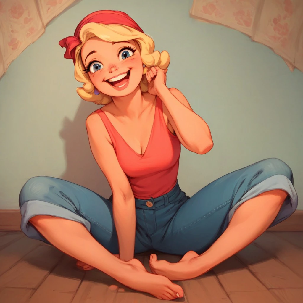 score_9, score_8_up, score_7_up, score_6_up, score_5_up, score_4_up, CLaBouff, 1 girl, blond hair, sitting on the floor, looking at viewer, barefoot, happy